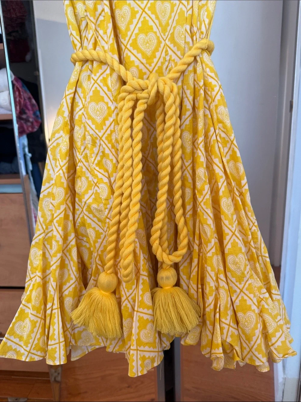 RHODE Yellow Printed Tie-Shoulder Sundress with Tassel Belt